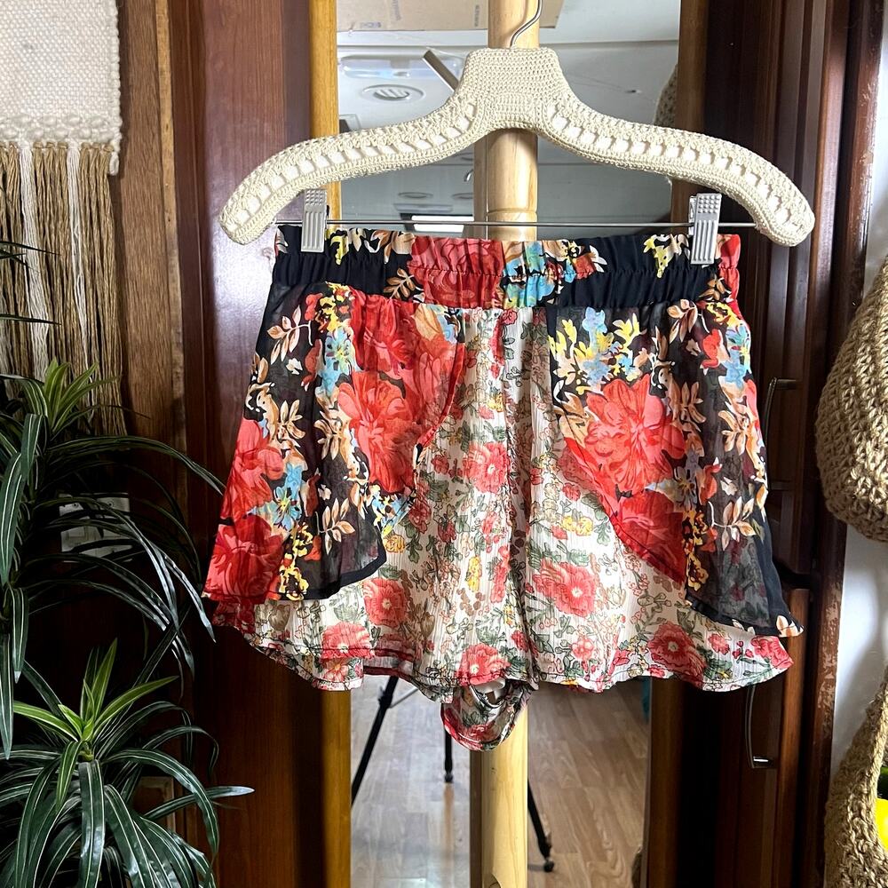 Band of Gypsies Boho Floral Skort S Ruffle Chiffon Festival Elastic Waist Pink